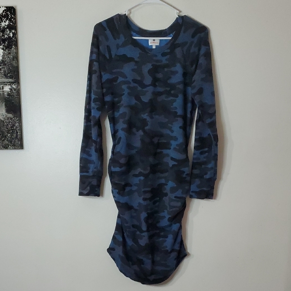 Sundry Camo Longsleeve Ruched Terry Mini Dress Size 2 Medium 8-10